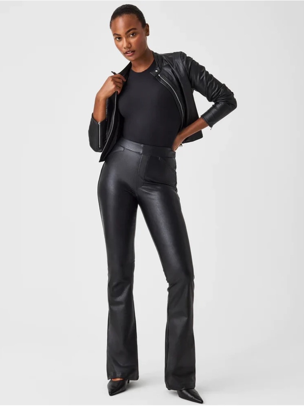 SPANX Black Faux Leather High-Rise Flare Leg Pull On Pants